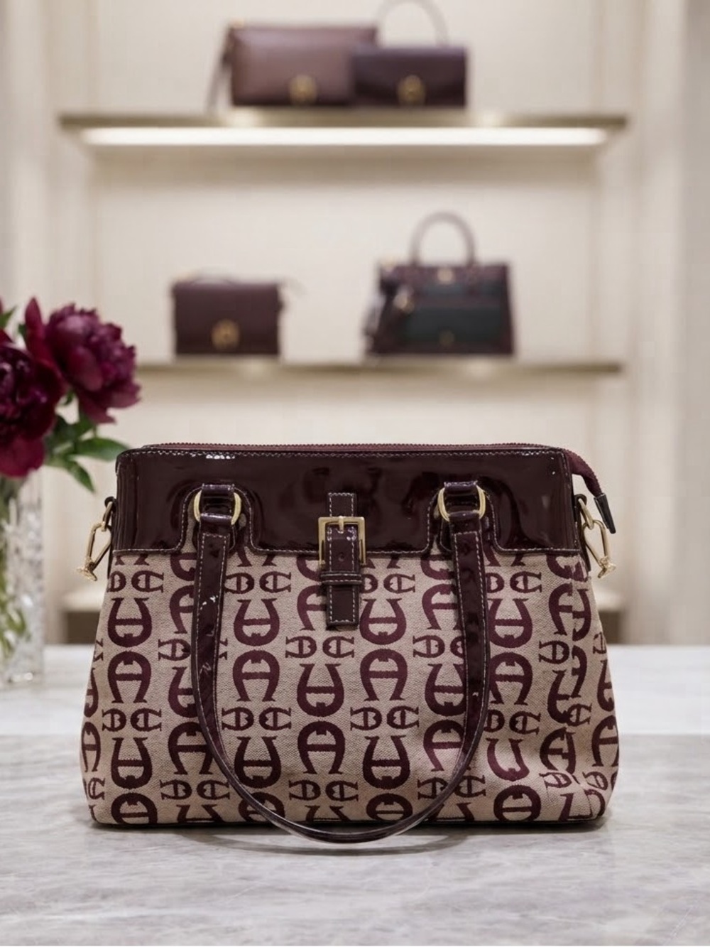 Etienne Aigner Monogram Satchel Handbag - Burgundy/Beige